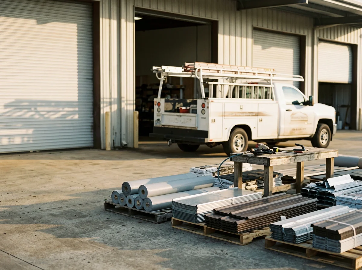 Commercial roofing crew with tools and equipment ready for installation and repair work on flat and metal roof systems.