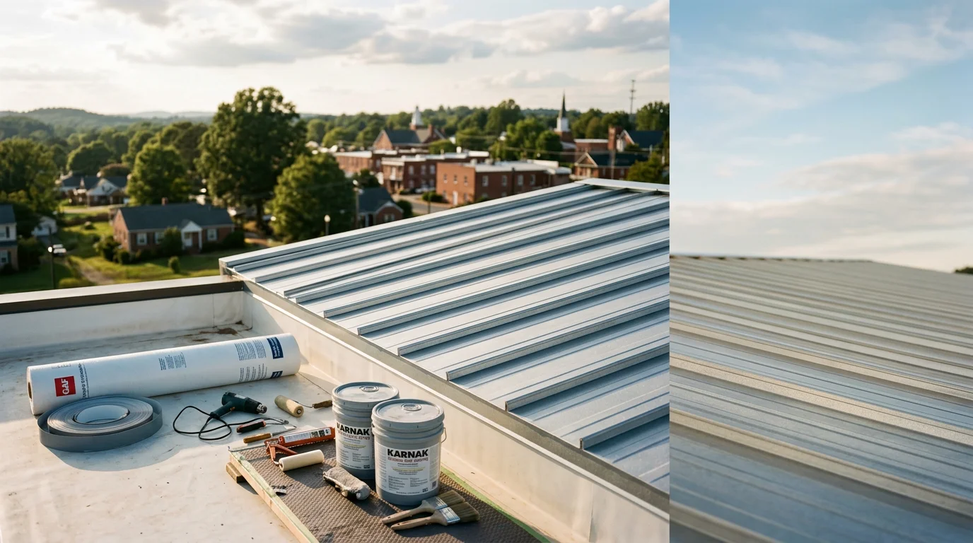 Metal roofing installation on commercial warehouse with protective coating application