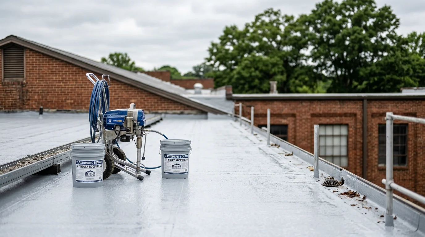 Waterproofing coating being applied to commercial roof surface