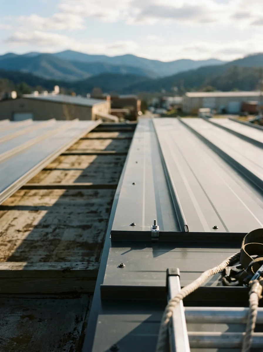 Close-up of a standing seam metal roof panel installation on a new commercial building in the greater Asheville, NC area.