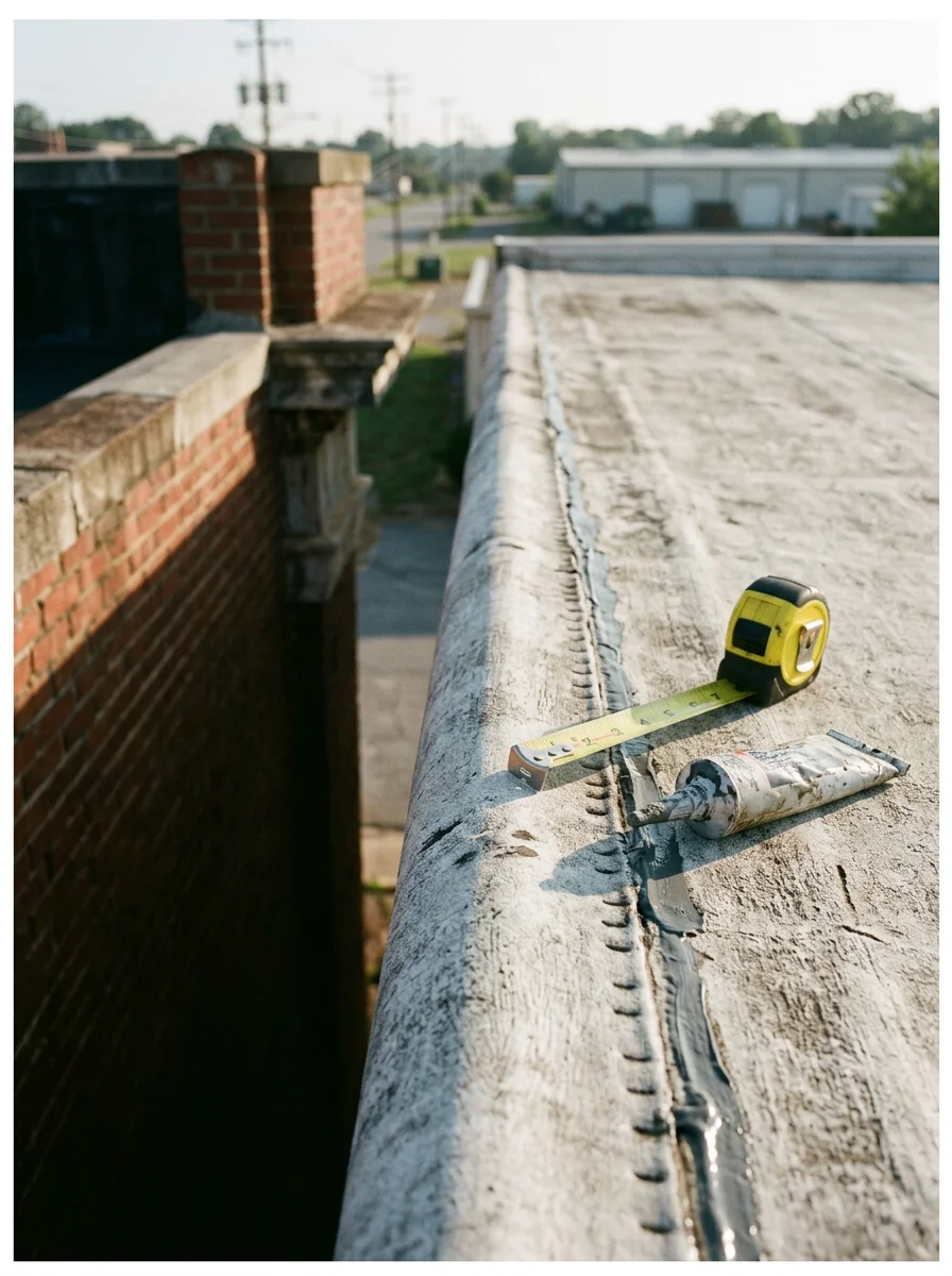 Close-up of a commercial roof membrane seam inspection on a mid-century industrial building in the East Greensboro, NC commercial corridor.
