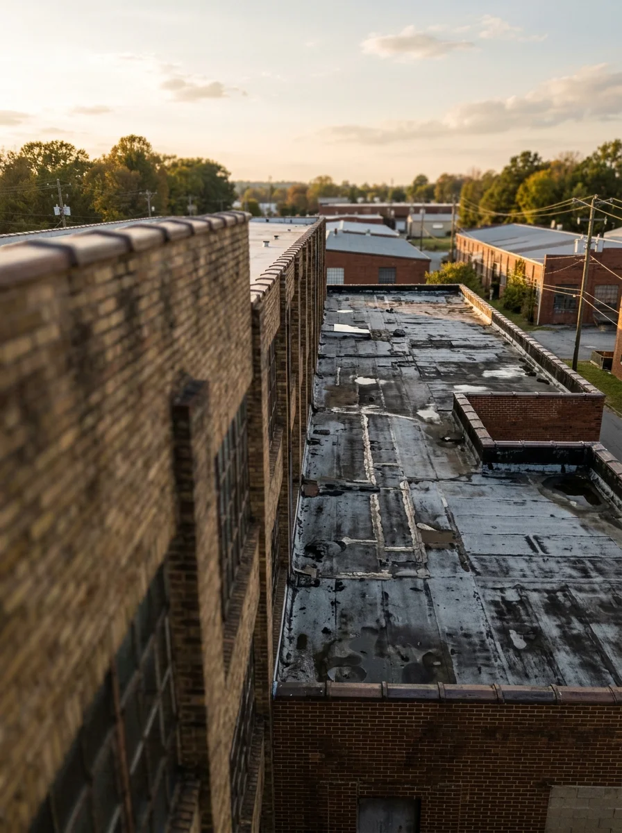 Aerial view of a mid-century industrial building in Hickory, NC with a flat roof showing weathered membrane surface and parapet walls awaiting reroofing.