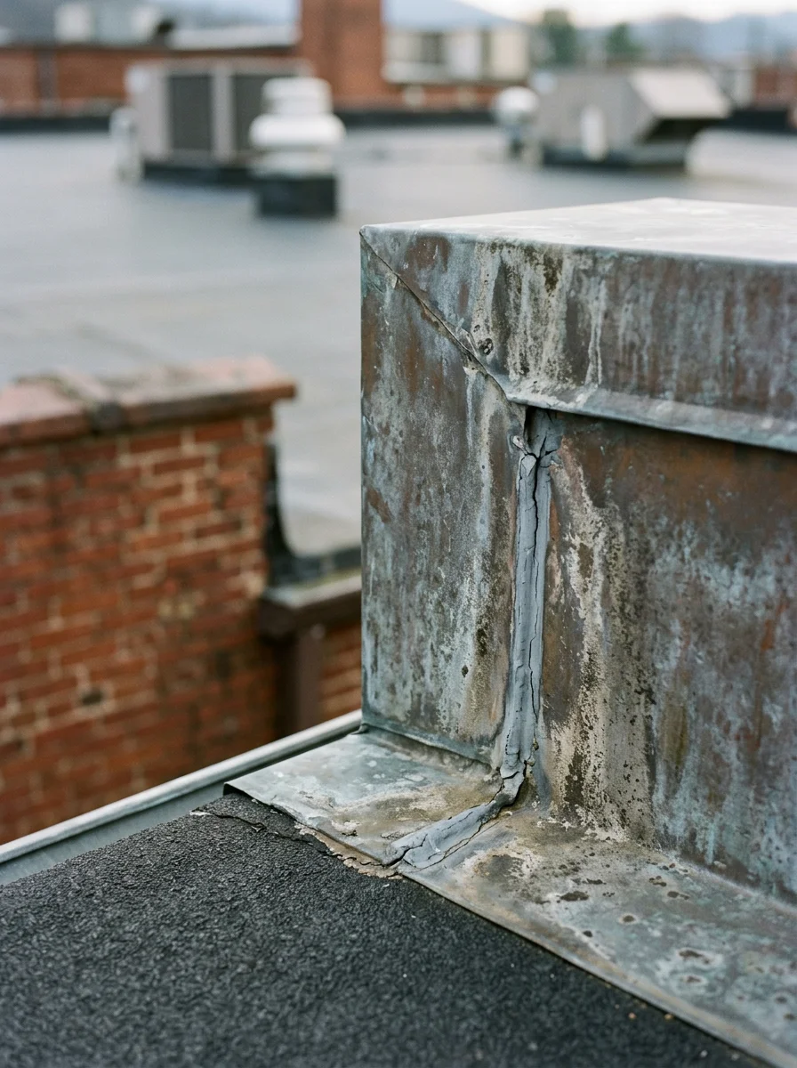 Close-up of a commercial roof flashing seam inspection on a flat-roof building in the Johnson City, TN Tri-Cities corridor.