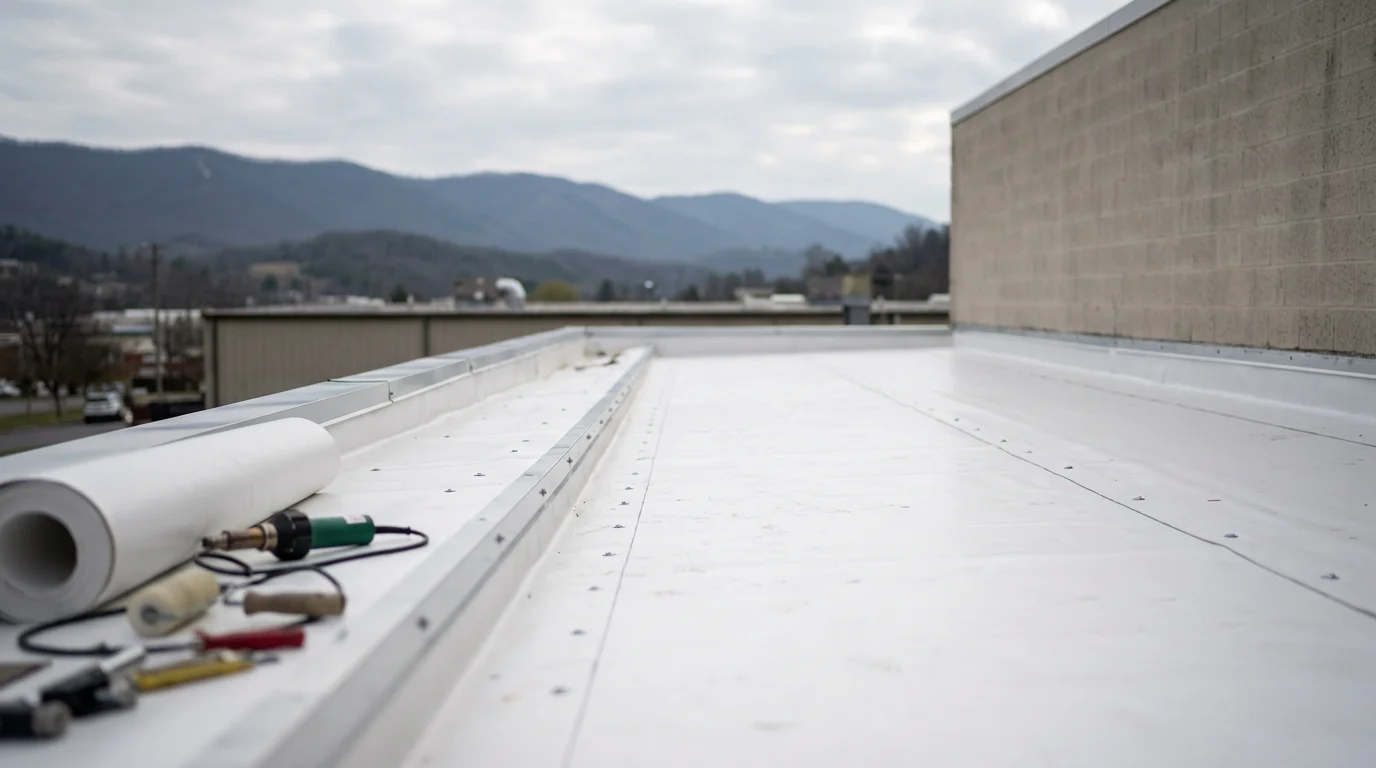 Low-slope commercial building roof in Johnson City, TN showing single ply membrane installation with metal edge detail and mountain ridgeline in the background.