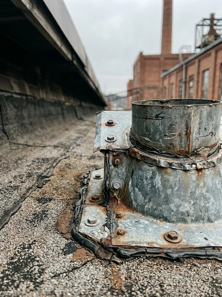 Close-up of a commercial roof flashing detail at an exhaust penetration on a mid-century manufacturing facility in Kingsport, TN.