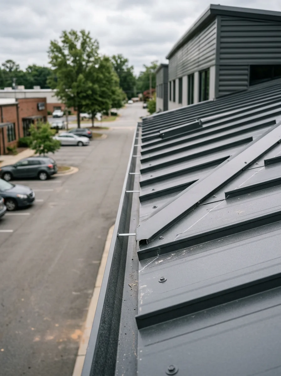 Close-up of a standing seam metal roof on a new light industrial building in the Cary, NC commercial corridor near Raleigh.