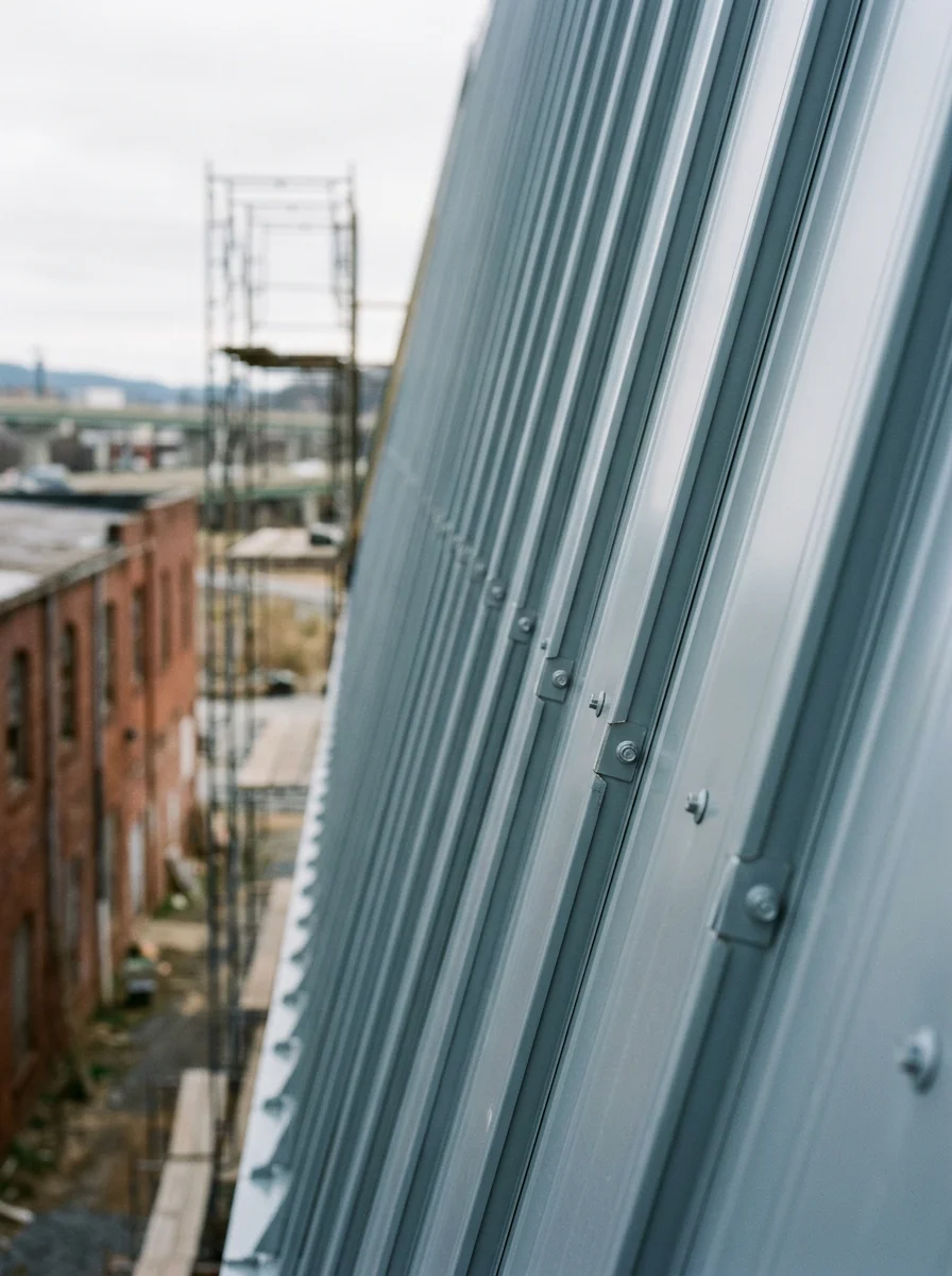 Close-up of a standing seam metal roof installation on a new commercial building along the I-81 corridor in the Roanoke, VA metro area.