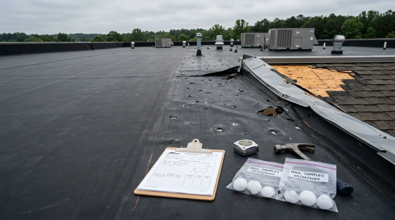 A commercial rooftop in Johnson City, TN showing storm damage with a section of membrane lifted and a crew member assessing the breach. The surrounding Tri-Cities skyline and tree line are visible in the background under overcast skies.