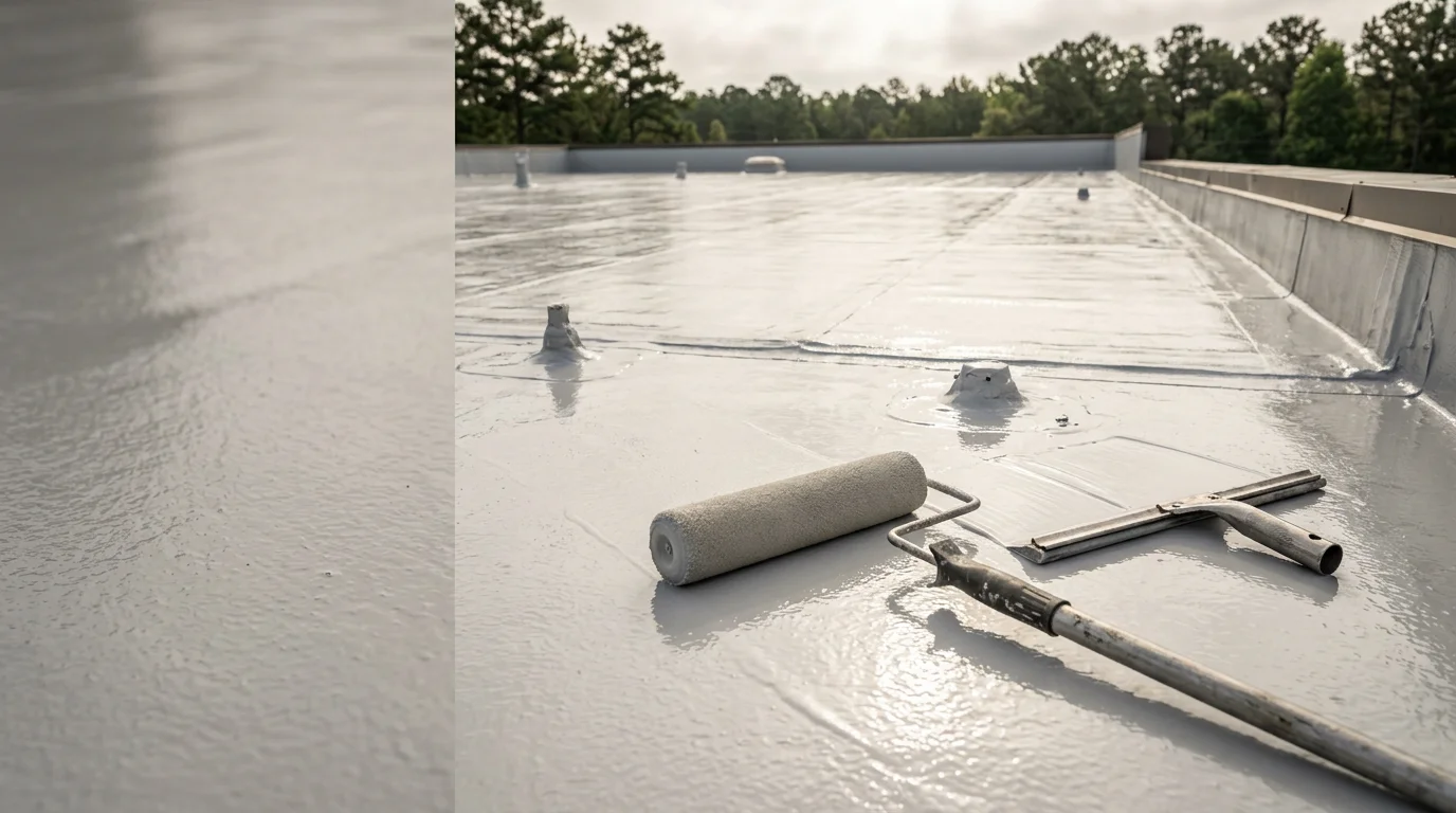A freshly applied high-solids silicone coating covering a flat commercial roof in Johnson City, TN, showing a smooth, seamless white membrane across the entire surface. Rooftop HVAC units and a clear sky are visible in the background.