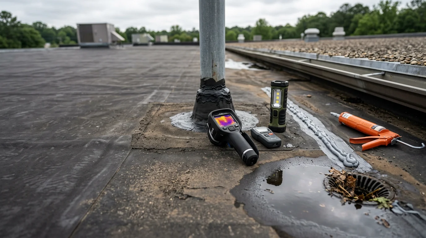 A commercial roofing technician examining a low-slope roof membrane and flashing detail on a commercial building in Johnson City, TN, with visible repair work completed at a seam penetration point.