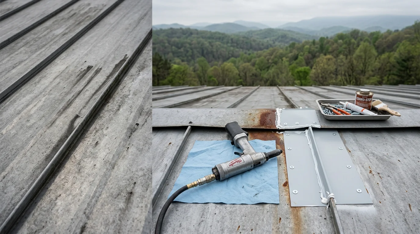 A commercial metal roof in Johnson City, TN showing a repaired seam and restored panel surface after storm damage. Close-up view of the completed repair area against a clear sky.