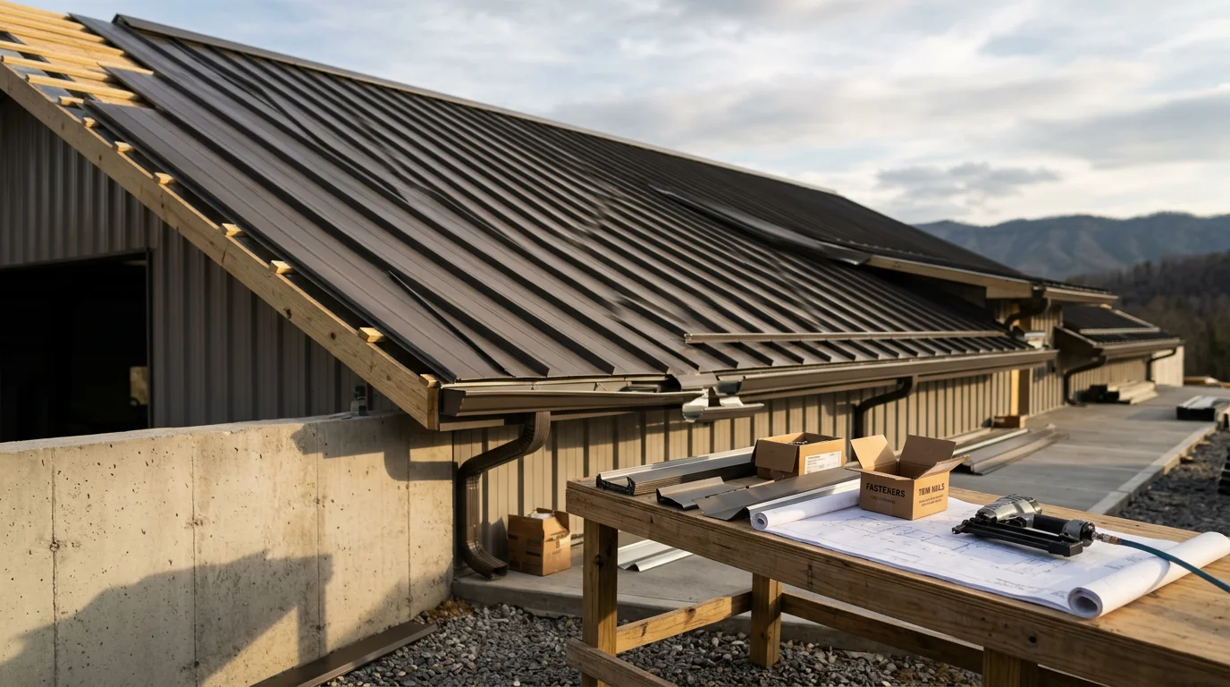 Completed commercial metal roof installation on a large flat-to-low-slope building in Johnson City, TN, with standing seam panels running the full length of the structure. The surrounding landscape reflects the rolling terrain of the East Tennessee Appalachian foothills.