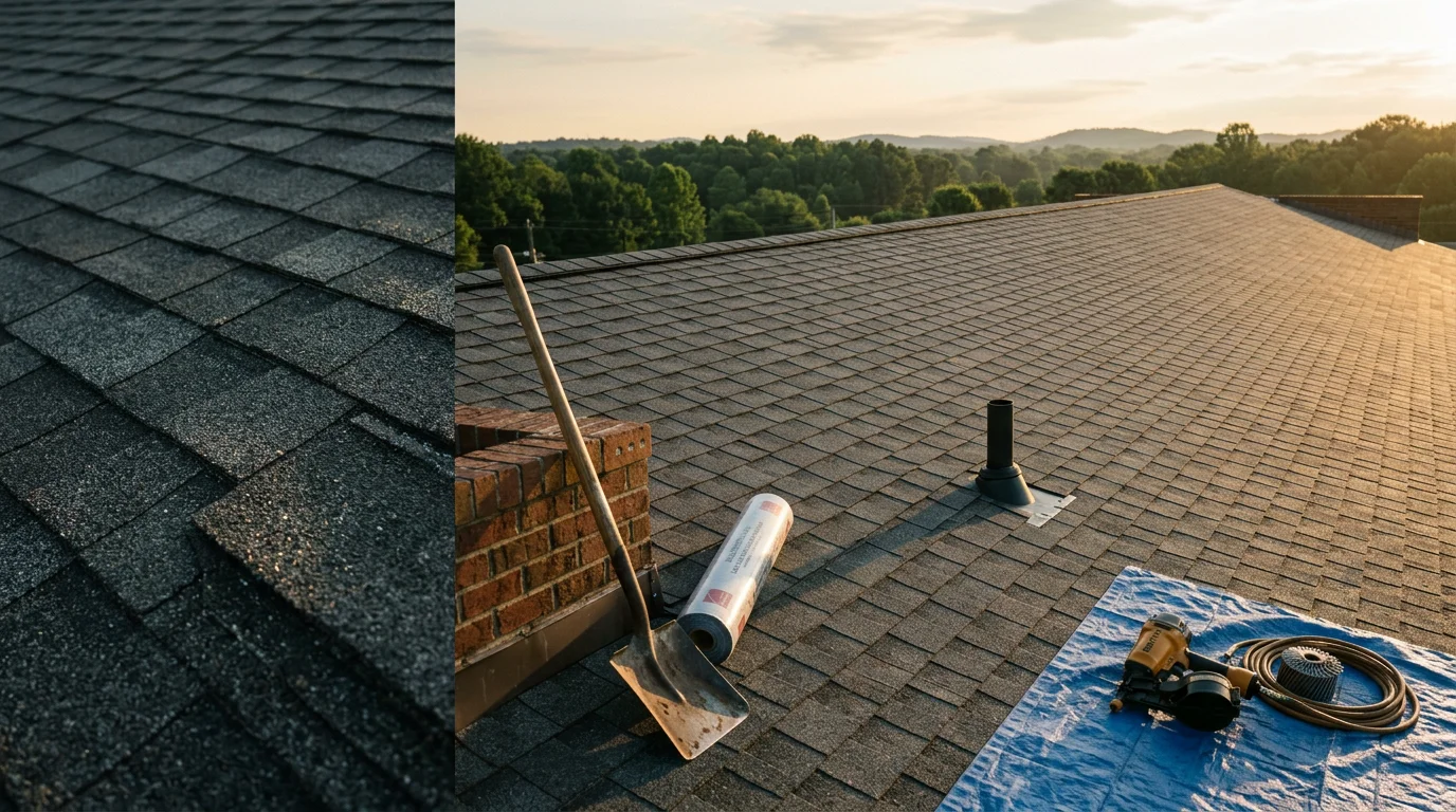 New commercial roof installation in progress on a flat-roof building in Johnson City, TN, with roofing crew laying membrane system under clear skies. Completed roofline shows clean edges and proper drainage slope suited for East Tennessee weather conditions.