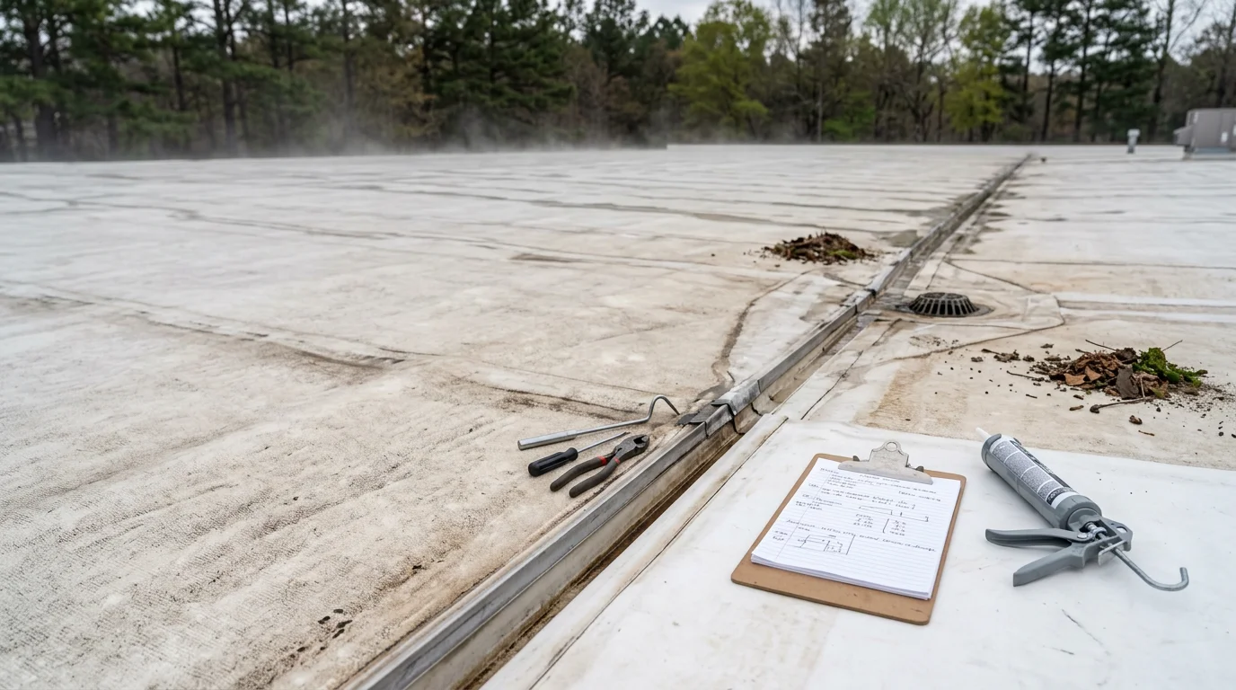 A commercial rooftop in Johnson City, TN being inspected by a Summit BSR Roofing technician who is checking flashing seams and drainage points as part of a scheduled preventive maintenance visit. The flat membrane roof surface is clear of debris, with documentation equipment visible nearby.