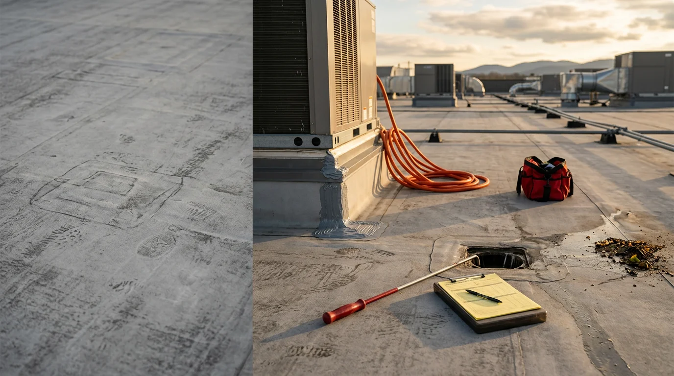 A Summit BSR Roofing crew member inspecting the membrane and drainage system on a flat commercial roof in Johnson City, Tennessee. The image shows a cleared rooftop with visible scuppers and flashing details under a partly cloudy sky.