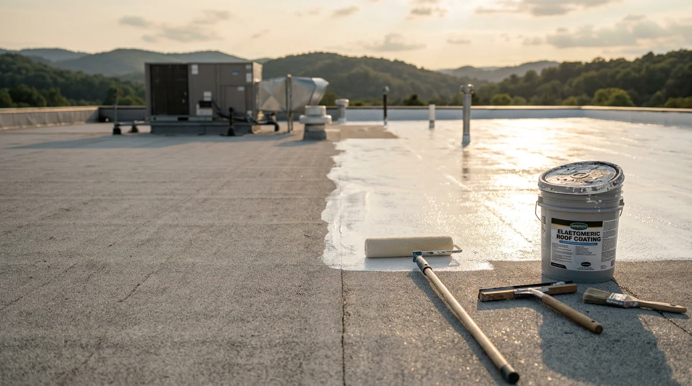 A commercial flat roof in Johnson City, TN with a freshly applied protective coating showing a uniform, sealed surface finish. The surrounding Appalachian ridgeline is visible in the background, with clear sky above the completed roof field.