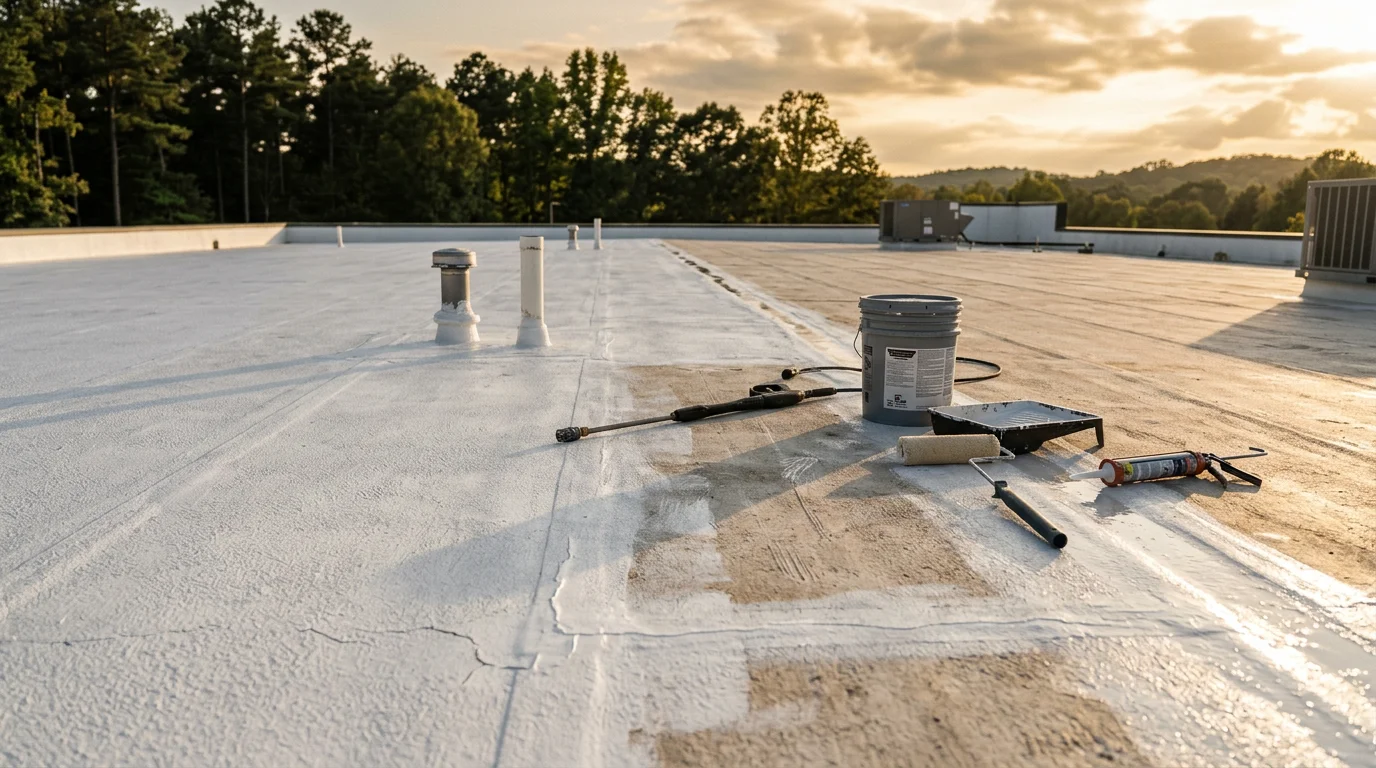 A commercial flat roof in Johnson City, TN showing a freshly maintained coating surface with clean drains and sealed penetrations around HVAC equipment. The reflective coating surface is intact and free of visible cracking or pooled water.