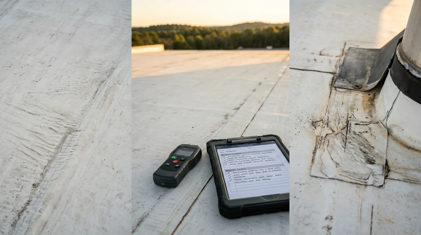 Summit BSR Roofing technician conducting a commercial roof inspection on a flat membrane roof in Johnson City, TN, examining flashing and drainage details. Appalachian foothills are visible in the background under partly cloudy skies.