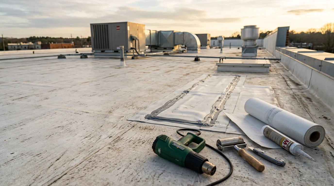 A commercial roofing crew performing membrane and flashing repairs on a flat-roof building in Johnson City, TN. Close-up view shows a repaired seam and resecured flashing along a rooftop parapet wall under partly cloudy East Tennessee skies.