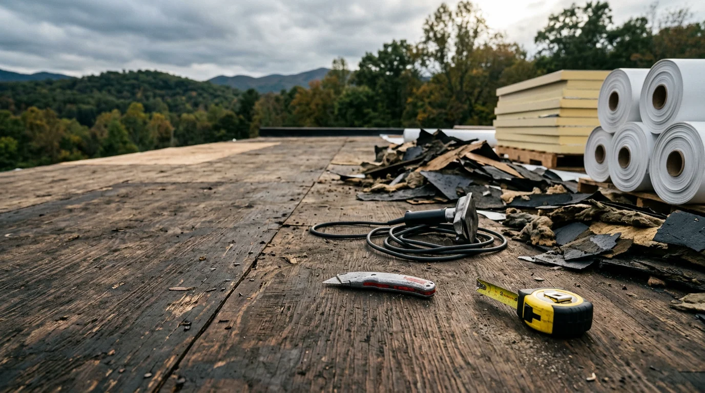 Completed commercial roof replacement on a large flat-roof building in Johnson City, TN, showing a fully installed roofing membrane with clean seams and finished edge details. The surrounding Appalachian foothills are visible in the background.