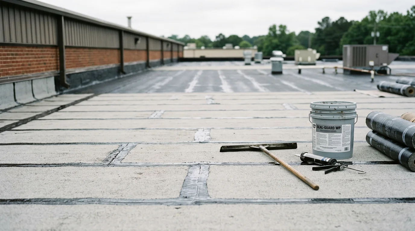 A commercial flat roof in Johnson City, Tennessee after professional waterproofing application, showing a sealed membrane surface with treated seams and flashing edges. The surrounding area reflects the region's mixed commercial and industrial building landscape.