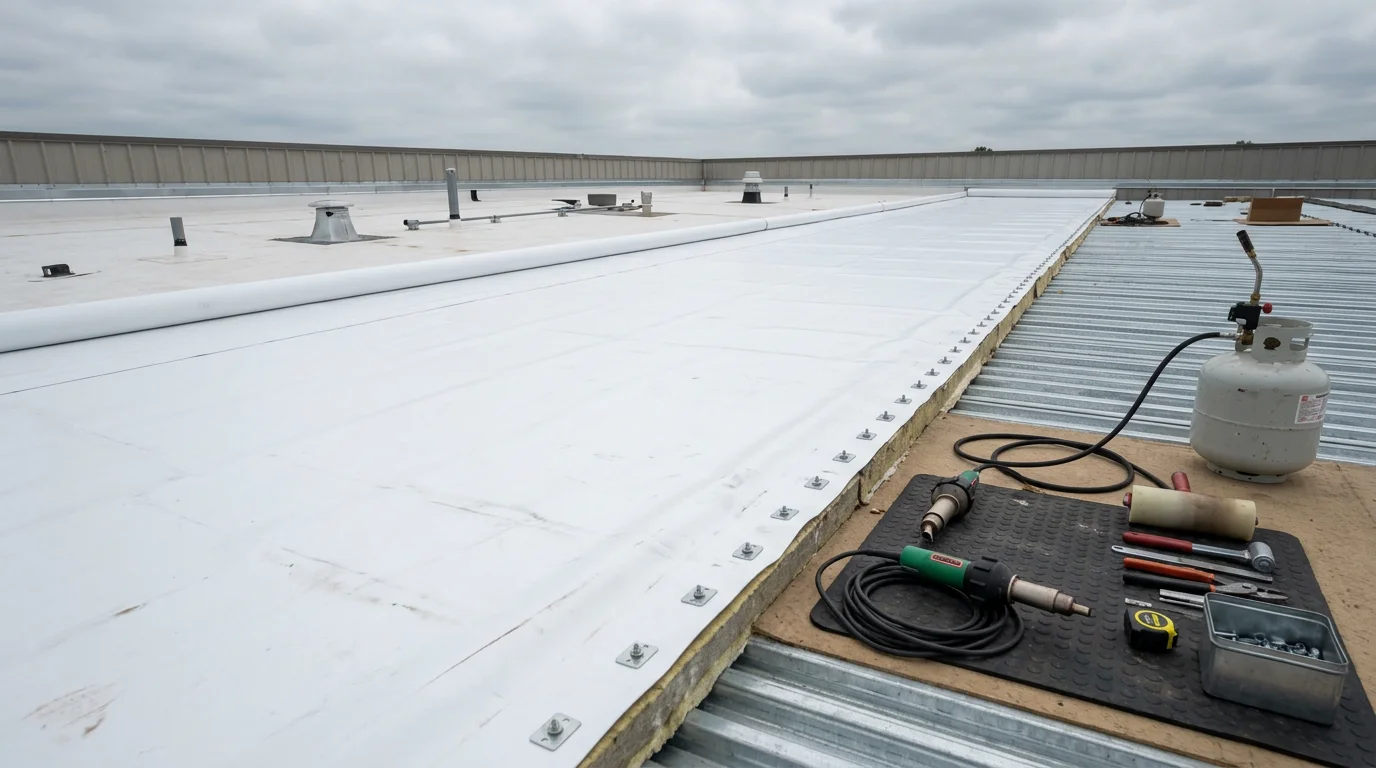 Freshly installed single-ply membrane roofing covering a flat commercial building roof in Johnson City, Tennessee, with heat-welded seams visible across the white reflective surface. The surrounding Appalachian foothills are visible in the background.
